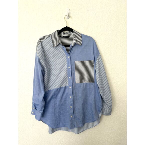 ZARA Patchwork Striped Long Sleeve Button Down Cotton Shirt Sz Medium - Picture 1 of 7
